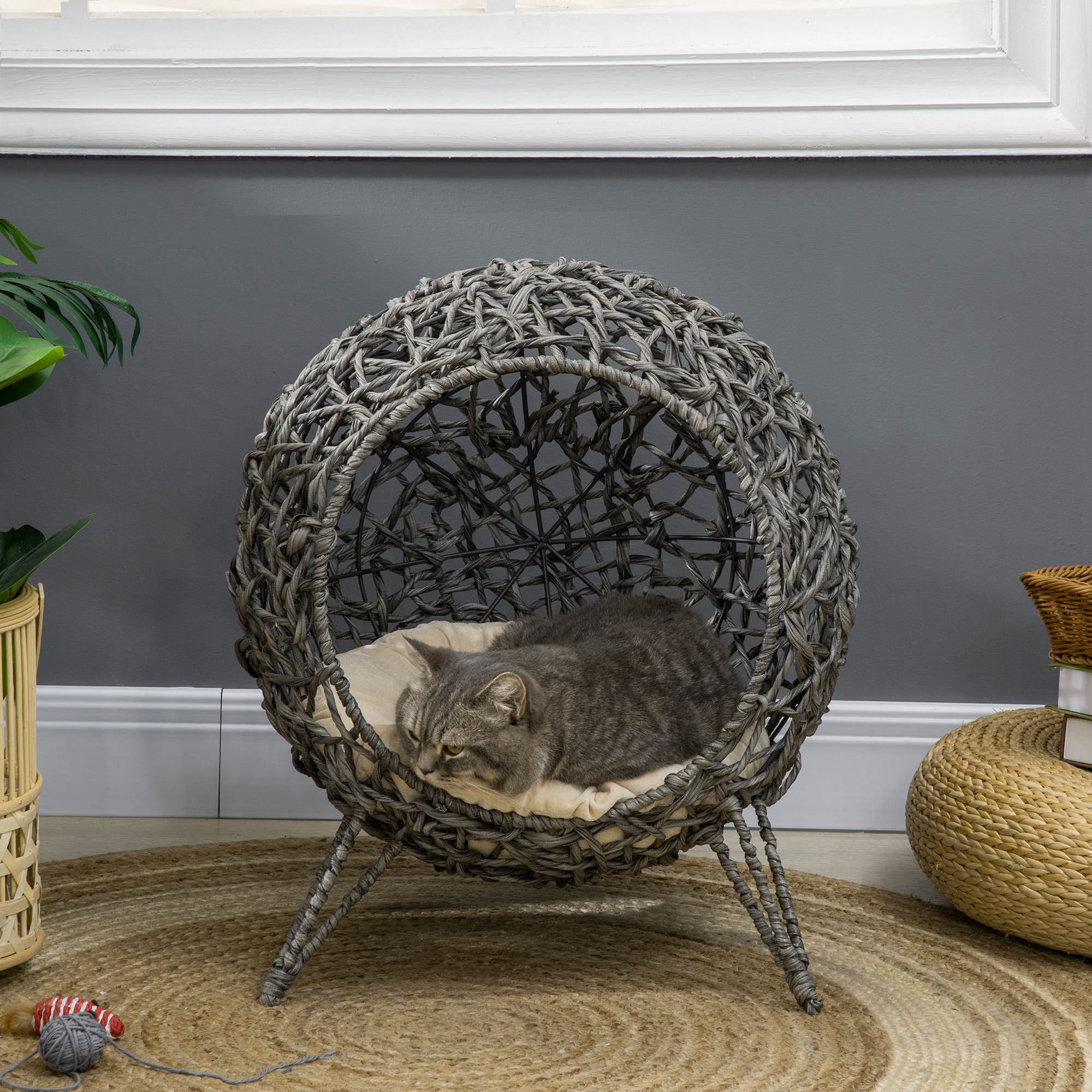 Rattan Elevated Cat Bed House with Removable Cushion – Ball-Shaped, Silver & Grey
