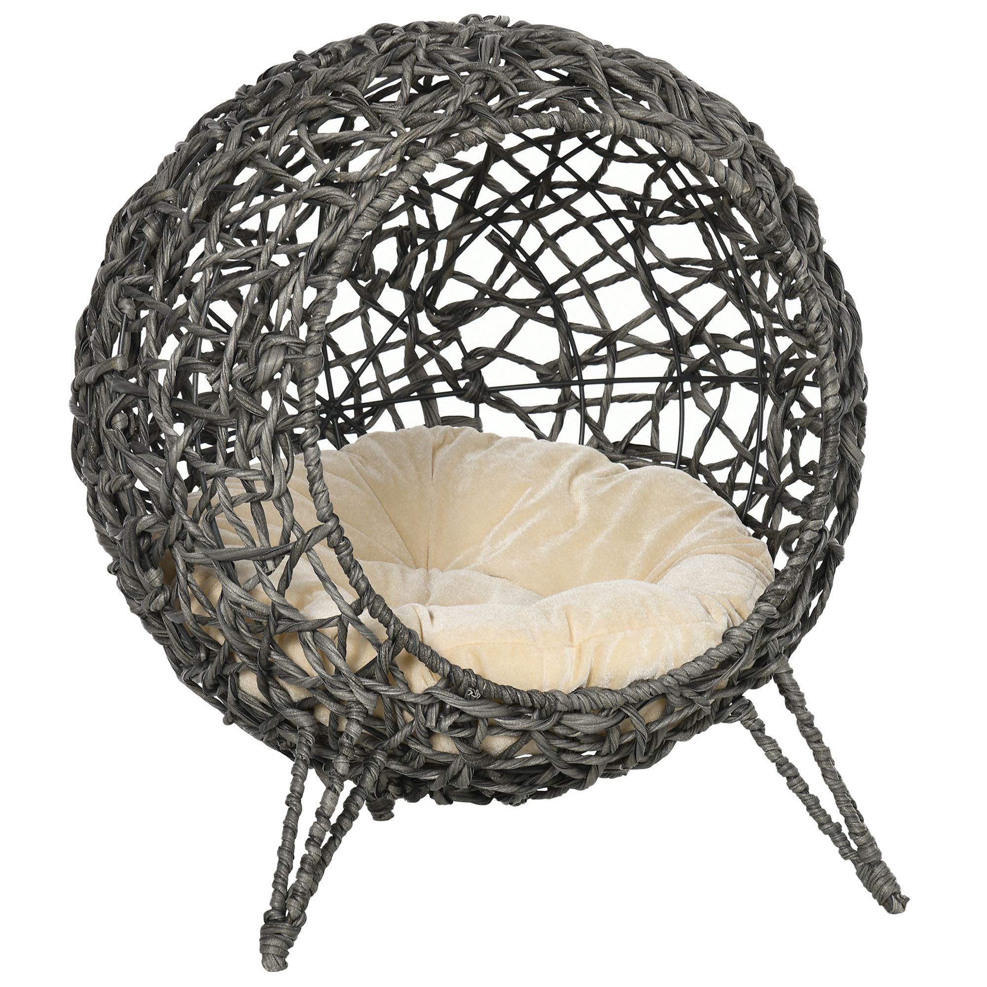 Rattan Elevated Cat Bed House with Removable Cushion – Ball-Shaped, Silver & Grey