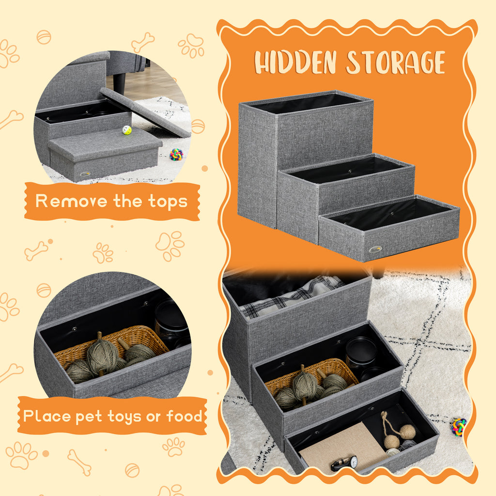 3-Step Pet Stairs with Storage for Small Dogs & Cats - Grey
