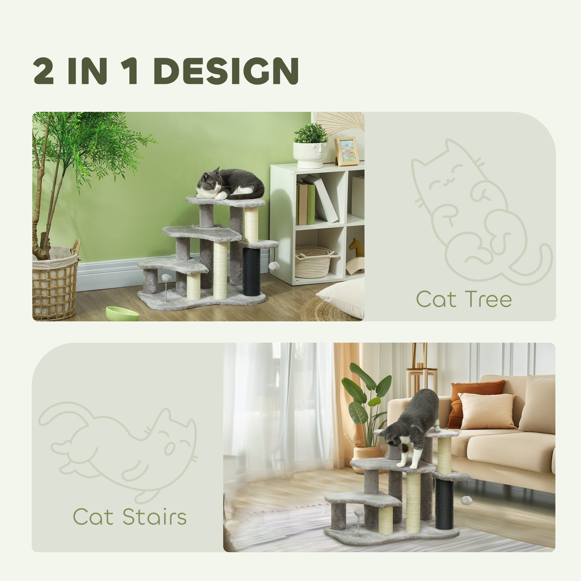 2-in-1 Cat Tree, Pet Stairs W/ Scratching Post, Toy Balls, For Bed, Sofa, Couch, Light Grey